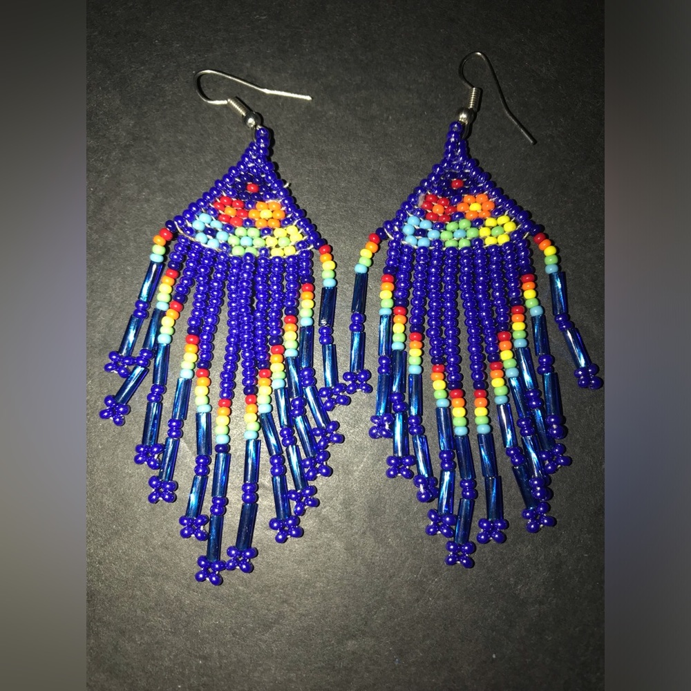 Blue/Multicolored Dangling Fringe Beaded Handmade Mexican Boho Folk Art Earrings